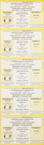 1977 CENTENARY TEST: Scarce strips of 5 Reserved Seat tickets, one for each day of the Centenary Test, Australia v England at MCG, on 12th-17th March. Green tickets, for "Reserved Seat, In the Open" & yellow tickets, for "Reserved Seat, Under Cover".