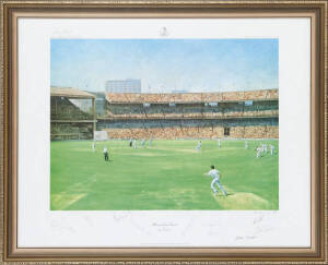 1977 CENTENARY TEST, "Melbourne Cricket Ground" Limited Edition Print by Alan Fearnley, signed by the artist and the England 1977 Centenary Test Team [11 signatures including Tony Greig & Derek Randall], numbered 630/850, framed & glazed, overall 83x67cm.