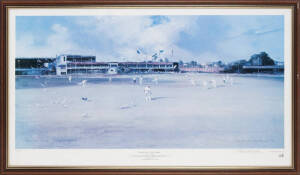 CRICKET PRINT, "Picnic Day The Gabba" by D'Arcy Doyle, signed by the artist and numbered 83/500, framed & glazed, overall 107x62cm. Together with two photographs of Derek Randall, one of the most fondly admired figures in the game.