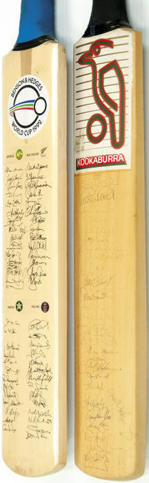 CRICKET BATS: 1991 Australia v England full size Cricket Bat with 28 signatures (minor tone spots); plus 1992 World Cup, full size Cricket Bat with facsimile autographs of all 9 teams.