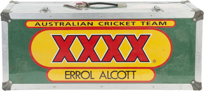 1993 AUSTRALIAN ASHES TOUR TO ENGLAND, "coffin" for transporting cricket gear, with "XXXX/Errol Alcott" label, and "Australia/Ashes'93" sticker affixed. Ex Australian physiotherapist Errol Alcott. [Australia won the 6-match series 4-1]