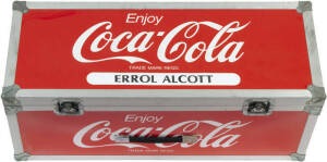 1997 AUSTRALIAN TOUR TO SOUTH AFRICA, "coffin" for transporting cricket gear, with "Errol Alcott" on top and end, South Africa 1997 & Coca-Cola logos.