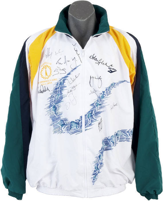 1998 COMMONWEALTH GAMES AUSTRALIAN JACKET, embroidered with "AUSTRALIA/ (Australian team logo)/ XVI Commonwealth Games, Kuala Lumpur", and with 13 signatures including Adam Gilchrist, Mark Waugh, Ricky Ponting, Tom Moody & Steve Waugh. Ex Mark Waugh, dona