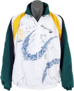 1998 COMMONWEALTH GAMES AUSTRALIAN JACKET, embroidered with "AUSTRALIA/ (Australian team logo)/ XVI Commonwealth Games, Kuala Lumpur", and with 13 signatures including Adam Gilchrist, Mark Waugh, Ricky Ponting, Tom Moody & Steve Waugh. Ex Mark Waugh, dona