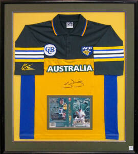 FRAMED CRICKET DISPLAYS: Steve Waugh display with signature on Australian ODI shirt, framed (no glass), overall 87x101cm; plus Dean Jones display with signature mounted with Bushrangers shirt, framed & glazed, overall 108x87cm.