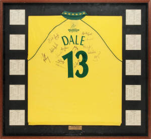 1999 AUSTRALIAN WORLD CUP TEAM: Display with Adam Dale's Australian One-Day Shirt, from the 1999 World Cup, with "DALE" & "13" on reverse, with 15 signatures including Steve Waugh, Adam Gilchrist, Glenn McGrath & Ricky Ponting, framed & glazed, overall 11