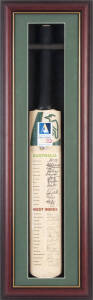 2000-01 AUSTRALIA v WEST INDIES, full size "Kookaburra" Cricket Bat signed by both teams, with 28 signatures including Steve Waugh, Adam Gilchrist, Justin Langer, Brian Lara, Courtney Walsh & Jimmy Adams, in attractive display case, overall 31x101cm. Good