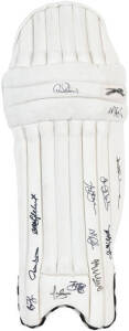 MICHAEL CLARKE'S AUSTRALIAN TEST CRICKET PAD, match used "Slazenger" cricket pad, endorsed "Australia to WI. 2003 Test Tour. M.Clarke's Pad", and signed on front by Australian team, 13 signatures including Glenn McGrath, Ricky Ponting & Adam Gilchrist. [M