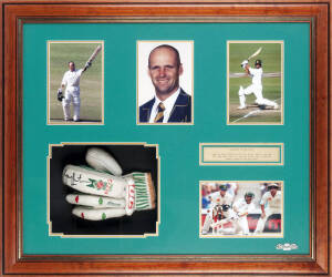 GARY KIRSTEN, display comprising signed batting glave, window mounted with 4 photographs, framed & glazed, overall 92x78cm. [Gary Kirsten played 101 Tests & 185 ODIs for South Africa, 1993-2004].