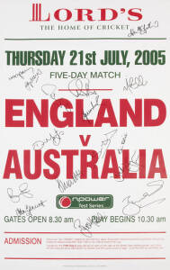 2005 ASHES SERIES, poster "Lord's, Home of Test Cricket. Thursday 21st July, 2005. Five-Day Match. ENGLAND v AUSTRALIA", signed by Australian team, with 16 signatures including Ricky Ponting, Adam Gilchrist, Michael Clarke, Shane Warne & Glenn McGrath, si