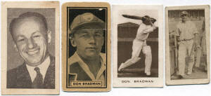 1930-50 scarce Don Bradman cards, with cards from 1930 D.C.Thomson "The World's Best Cricketers"; 1931 Allens "Bradman's Records"; 1934 MacRobertson's "½d Champions"; 1950 Fyna Foods "Test Cricketers". Fair/VG.