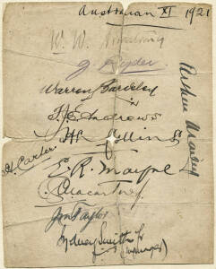 1921 AUSTRALIAN TEAM, autograph page with 11 signatures - Warwick Armstrong, Jack Ryder, Warren Bardsley, Tommy Andrews, Herbie Collins, Hanson Carter, Edgar Mayne, Arthur Mailey, Charlie macartney, Johnny Taylor & Sydney Smith (manager). Poor condition (