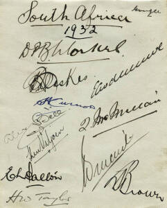 1931-32 SOUTH AFRICAN TEAM, autograph page with 11 signatures including H.W.Taylor, Alex Bell, X.C.Balaskas & Ken Viljoen. Fine condition.