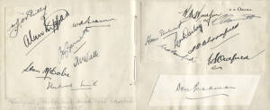 c1934-35 AUTOGRAPH BOOK, includes 1934-35 Australian team (15 signatures including Don Bradman, Bill Woodfull & Bill Brown); 1934 England Womens Cricket team (15 signatures) & 31 other signatures including 1934 Scout Jamboree.