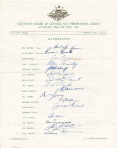 1964 Australian Team, official team sheet with 16 signatures including Bob Simpson (captain), Brian Booth, Bill Lawry & Graham McKenzie. Fair/Good condition.