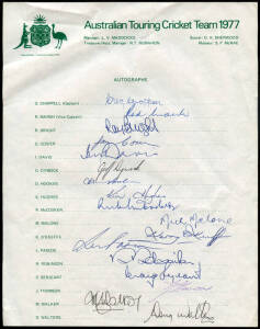 1977 Australian Team, official team sheet with 17 signatures including Greg Chappell (captain), David Hookes & Rick McCosker. VG condition.