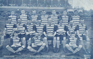 GEELONG: 1908 W.H.Watts postcard "Geelong Football Team 1908"; plus 1909 J.E.Barnes postcard "Geelong F.C. 1909". Fair/G condition.