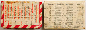 MATCHBOX COVERS, one with South Melbourne Fixtures 1930 issued by "Jack R.Murphy, Cricket Club Hotel, Clarendon St., South Melbourne"; other with Geelong Fixtures 1953. Fair/Good condition.