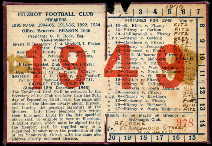FITZROY: Member's Season Ticket for 1949, with fixture list & hole punched for each game attended. Good condition.