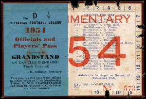 FITZROY: Member's Season Tickets for 1954 & 1955, each with "Officials and Players' Pass" sticker inside, and each with fixture list & hole punched for each game attended. Good condition.