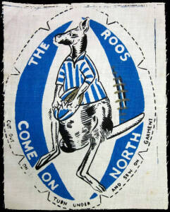 NORTH MELBOURNE: Group with c1955 'The Sun' newspaper "VFL Mascot Patch"; pennants (2); Vice Presidents Club shiraz in wooden presentation box; 1996 Christmas Card; badges (2); rosette; menus (2); "Krakouer Magic" DVD.