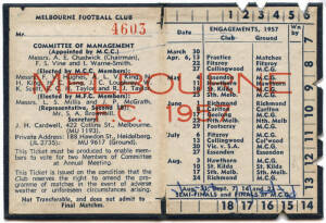 MELBOURNE: Member's Season Ticket for 1957 (Premiership Year), with fixture list & hole punched for each game attended. Good condition.