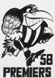 COLLINGWOOD/WEG ARTWORK: Preliminary artwork for cover of 1958 Grand Final video, produced and signed by Weg, for Australian Football Video, c1994, size 32x46cm. Together with a photograph of the 1958 Weg poster, used as a basis for the design. Good condi