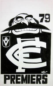 CARLTON/WEG ARTWORK: Preliminary artwork for cover of 1979 Grand Final video, produced and signed by Weg, for Australian Football Video, c1994, size 32x46cm. Together with a photograph of the 1979 Weg poster, used as a basis for the design. Good condition