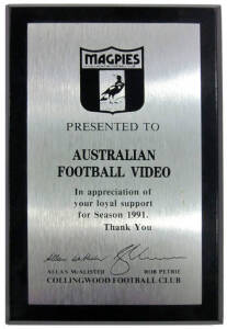 COLLINGWOOD: "The Magpies - The Official Centenary History of the Collingwood Football Club" by Hansen [Melbourne, 1982], limited edition No.137; plus Collingwood Sonsor's Plaques for 1991, 1992, 1993 & 1994.