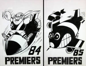 ESSENDON/WEG ARTWORK: Preliminary artwork for covers of 1984 & 1985 Grand Final videos, produced and signed by Weg, for Australian Football Video, c1994, each 32x46cm. Together with a photographs of the 1984 & 1985 Weg posters, used as a basis for the des