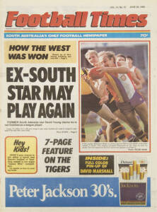 "Football Times" newspapers (South Australia): Complete runs for 1985 (29), 1986 (30), 1989 (28), 1990 (28), 1991 (31) & 1992 (30) in three binders. Includes the SANFL & Crows posters (not checked if all complete).