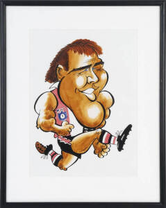 TONY LOCKETT/WEG ARTWORK: Original artwork of Tony Lockett (in St.Kilda jumper), window mounted, framed & glazed, overall 55x70cm.