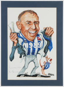 JOHN KENNEDY SR/ROGERS ARTWORK: Original artwork of John Kennedy Sr (as North Melbourne Coach, 1989), signed by John Kennedy lower right, window mounted & framed, overall 48x67cm