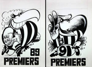 HAWTHORN/WEG ARTWORK: Preliminary artwork for covers of 1989 & 1991 Grand Final videos, produced and signed by Weg, for Australian Football Video, c1994, each 32x46cm. Together with a photographs of the 1989 & 1991 Weg posters, used as a basis for the des