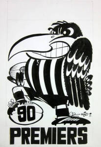 COLLINGWOOD/WEG ARTWORK: Preliminary artwork for cover of 1990 Grand Final video, produced and signed by Weg, for Australian Football Video, c1994, size 32x46cm. Together with a photograph of the 1990 Weg poster, used as a basis for the design. Good condi