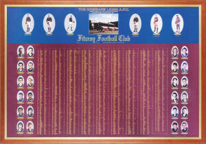 FITZROY/BRISBANE LIONS: Print "The Brisbane Lions A.F.C., Honour and Congratulate Those Players Who Represented the Fitzroy Football Club From 1883 to 1996. FITZROY FOOTBALL CLUB", with 16 signatures including Norm Johnstone, Bill Stephen, Garry Wilson & 