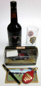 AFL CENTENARY: Collection including invitations (7); menus (4); press kit; "Football Record"s (2); 1996 AFL annual report; watch, pens (3), pocket mirror, matchbox car & key ring; 1996 Brownlow Medal bottle of Vintage Port & drinking glass.