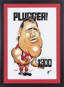 FRAMED ITEMS, noted "Plugger 1300" Weg poster; "Last Match of the Millenium, Carlton v Collingwood" Weg poster; Rex Hunt signed displays (2); John Longmire signed display. All framed, various sizes.