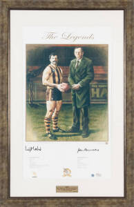 HAWTHORN: "The Legends" print by Jamie Cooper, signed by Leigh Matthews, John Kennedy and the artist, limited edition 99/200, window mounted, framed and glazed, overall 68x105cm. With CoA. Also 1996 Herald-Sun "AFL Footy Medals" [17].