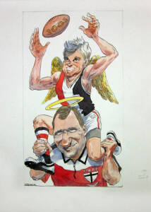 ST.KILDA: Original caricature of Nick Riewoldt flying over Grant Thomas by Spponer, overall 27x37cm.