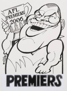 SYDNEY/WEG ARTWORK: Preliminary artwork prepared for cover of 2006 Grand Final DVD, featuring caricature of Barry Hall, produced and signed by Weg, for Visual Entertainment Group (not used as the Swans lost by 1 point). Original design in black & white, s