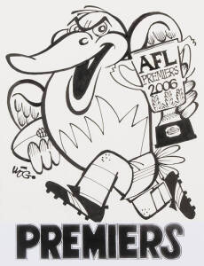 SYDNEY/WEG ARTWORK: Preliminary artwork prepared for cover of 2006 Grand Final DVD, featuring caricature of Swan, produced and signed by Weg, for Visual Entertainment Group (not used as the Swans lost by 1 point). Original design in black & white, size 37