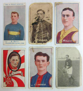 1904-33 football cards in tin, noted Sniders & Abrahams 1904 (1), 1906 (1), 1907 (1), 1909 (2), 1910 WA (1); also 1905 Wills "Past & Present Champions" (1); 1933 Allens (23); Suburban Premium (2) & 1933 Hoadleys (1). Poor/G condition, though inspection wi