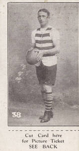 1921-25 Suburban Premium "Victorian Footballers" [1/74], No.38 "M.Carter, Geelong" {Billy McCarter} (Call at P.Hanson's Confectionary, Fitzroy). G/VG, with tab.