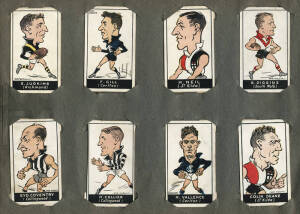 c1933-34 cards in album, mainly football cards (68), noted 1933 Bob Mirams Caricatures (30); 1933 Personality Series - Footballers (1); Wills "Footballers 1933" (27 + 4 medium); 1933 Allens (4); 1933 Licorice Larks (1) & 1934 Hoadleys (1). Poor/G conditio