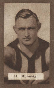 1934 MacRobertsons "½d Footballers" [1/216] - No.70 H.Rumney (Collingwood). G/VG. Rarity 9.