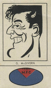 1954 Fyna Foods "Victorian Footballer Caricatures" [1/24] with club colours at base, No.3 G.McGivern (Melbourne). G/VG. Rarity 8.