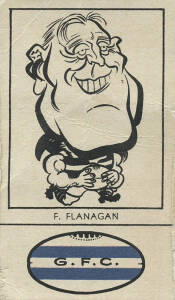 1954 Fyna Foods "Victorian Footballer Caricatures" [1/24] with club colours at base, No.10 F.Flanagan (Geelong). G/VG. Rarity 8.