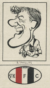 1954 Fyna Foods "Victorian Footballer Caricatures" [1/24] with club colours at base, No.22 B.Phillips (St.Kilda). G/VG. Rarity 8.