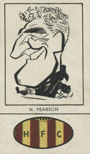 1954 Fyna Foods "Victorian Footballer Caricatures" [1/24] with club colours at base, No.23 N.Pearson (Hawthorn). G/VG. Rarity 8.